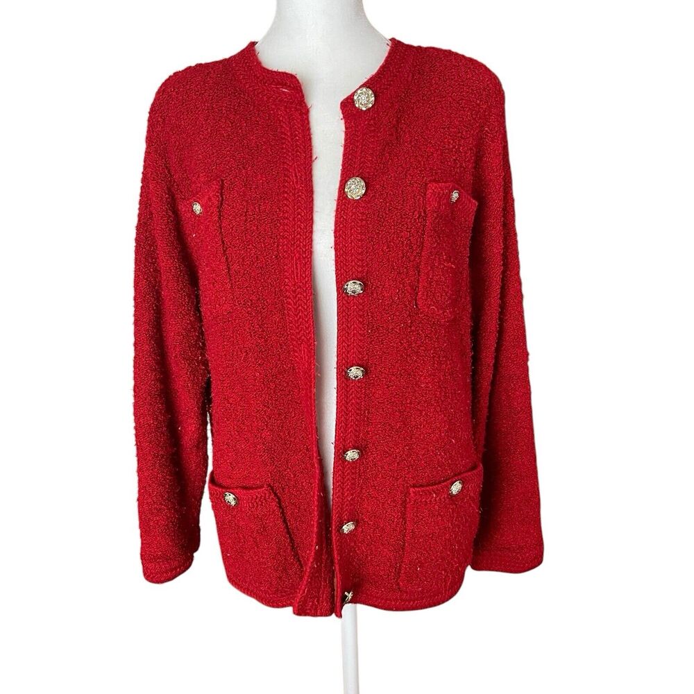 Rochelle California Large Cardigan Sweater Red Chunky Vintage Gold Button